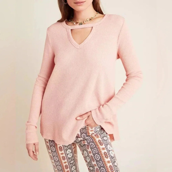 Anthropologie T. la Blush Pink Nadia Cut-Out Waffle Tunic Ribbed Top Size XL - Picture 1 of 7
